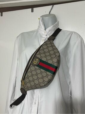 Beige Monogram Canvas Belt Bag with Green and Red Stripe